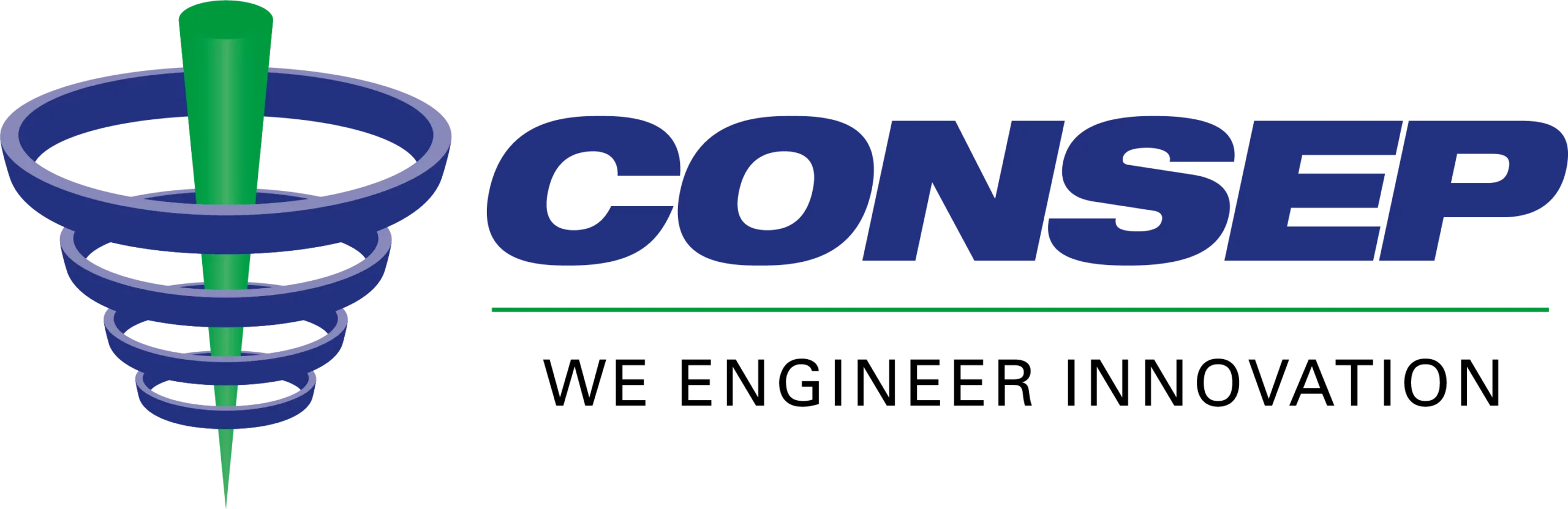 A logo showing a funnel-like design with a green vertical line passing through blue circular rings on the left. To the right, the word "CONSEP" is written in bold blue letters. A thin green line runs horizontally underneath the word.