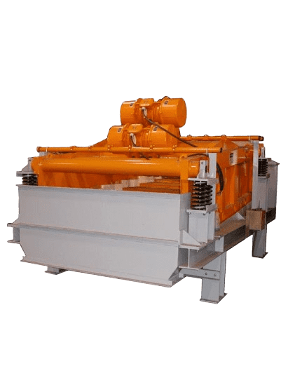 An industrial vibratory screen with an orange motor on top, used for material separation. It features a grey metal frame and spring supports, typically used in mining or construction for sorting and filtering materials.