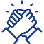 Icon depicting two hands clasped together in a handshake, symbolizing cooperation or agreement. The illustration is rendered with simple blue lines and includes radiating lines around the hands, indicating enthusiasm or positivity.