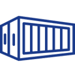 A blue line drawing of a shipping container, viewed from the front-left angle. It has vertical lines suggesting the corrugated metal sides and two doors at the left side. The design is simple and minimalistic.