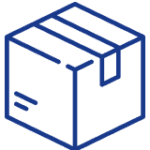 A blue line drawing of a closed cardboard box with two horizontal tape strips on the top. The box has simple lines indicating edges, with minor markings on the side suggesting a label or handling instructions.