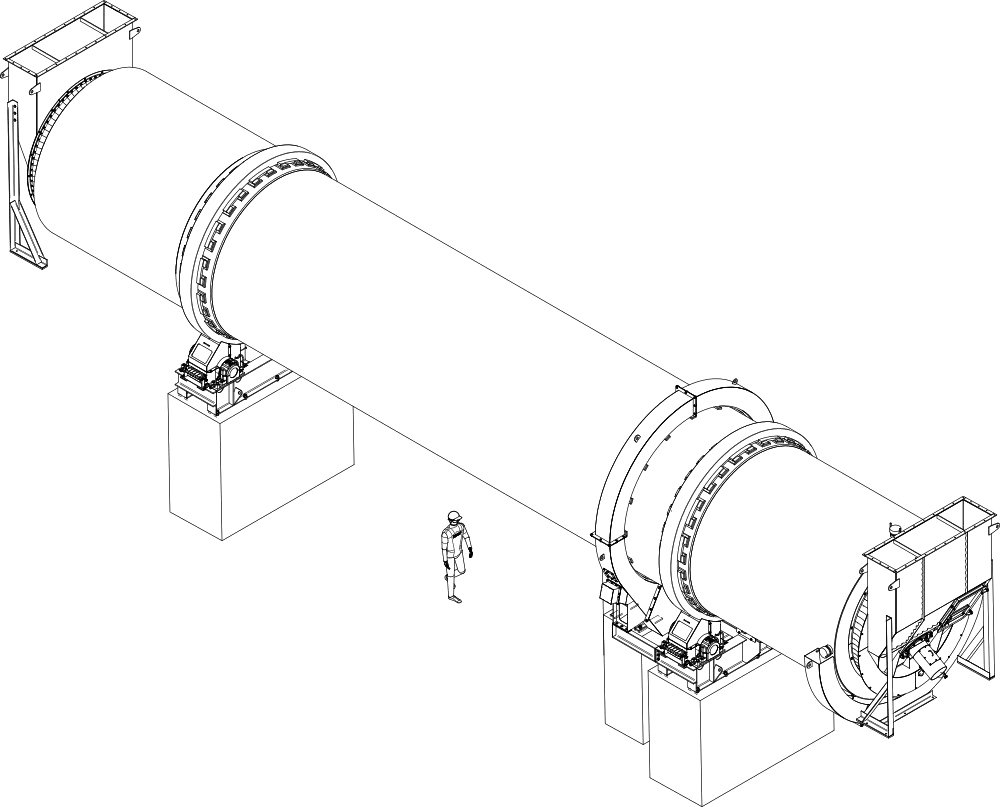 Isometric drawing of a large cylindrical industrial machine, possibly a rotary kiln or similar equipment, mounted on supports with bearings at both ends. A person standing near it provides a scale, emphasizing the machine's considerable size.