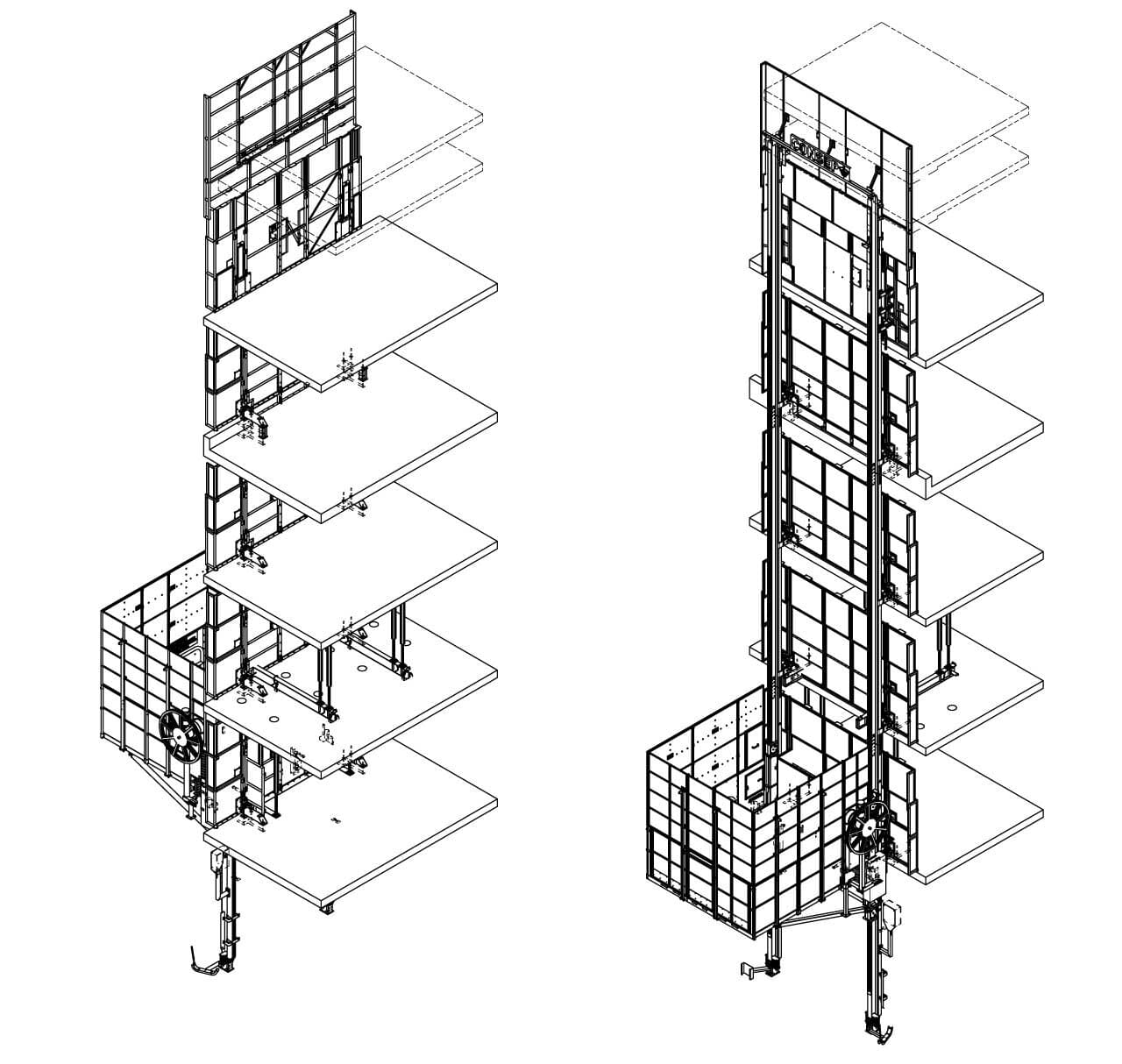 Isometric diagrams of an elevator shaft under construction. Left: Elevator shaft with four floors, showing structural framework and elevator car. Right: Similar view with added details, including mechanical components and outer support structure.