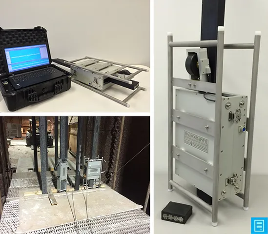 Three images show different angles of what appears to be an elevator shaft inspection device. The first image includes a laptop and portable frame. The second shows two devices mounted in an elevator shaft. The third image is a close-up of a mounted inspection device.