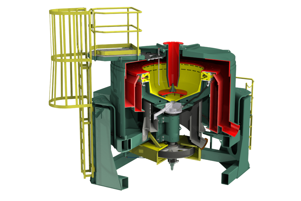 Cross-sectional diagram of an industrial machine, showcasing internal components like a central rotor and surrounding chambers. Features safety railings and platforms, with green and red structural elements.