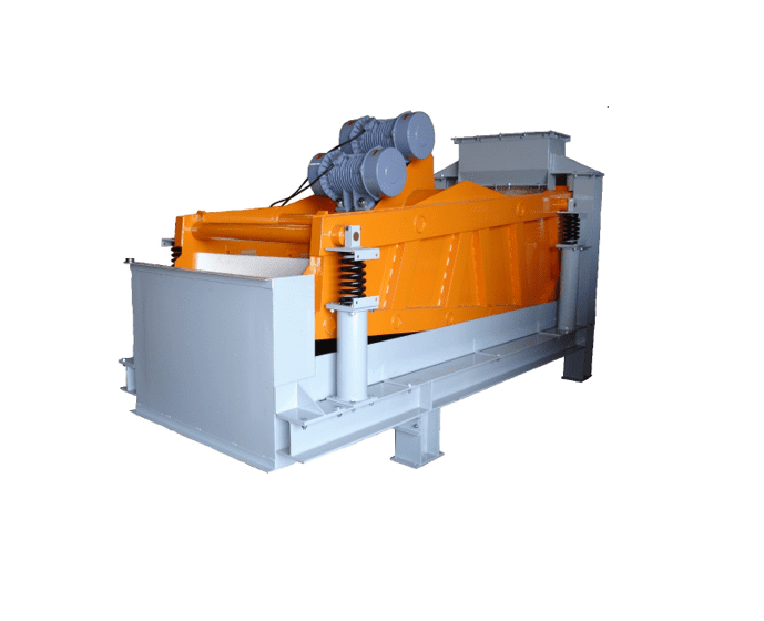 Industrial machinery with orange and gray metal components, featuring motors and springs. The structure is solid and angular, designed for heavy-duty operations. Set against a plain white background.