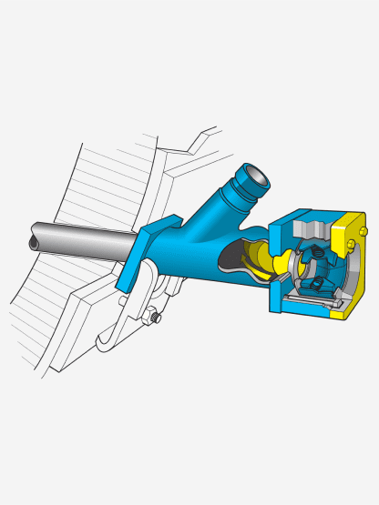 Illustration of a blue and yellow plumbing valve cutaway showing internal components. The cut-out section reveals the inner mechanisms, including a rotating handle and a pipe connection. The surrounding structure is shown in grey line art.