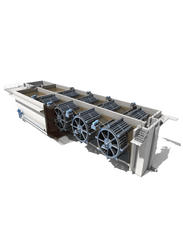 A 3D model of an industrial machine featuring multiple conveyor belts and large rotating wheels. The device appears to be designed for processing or sorting materials in a factory or industrial setting.