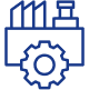 An icon in dark blue outline, depicting a factory building with three chimneys on the top left, and a large gear in the foreground, symbolizing industrial manufacturing or mechanical processes.