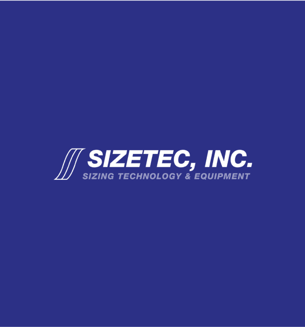 Logo of Sizetec, Inc. on a blue background, featuring two stylized white lines on the left and the text "SIZETEC, INC. Sizing Technology & Equipment" in white.