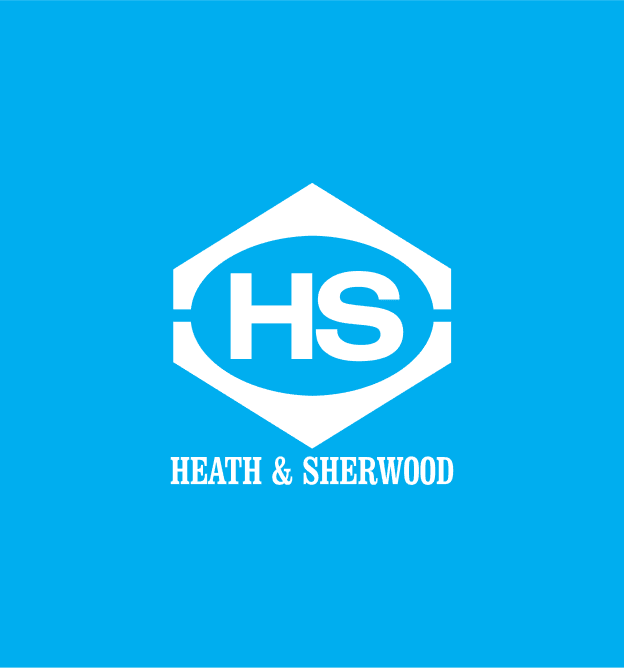 Logo on a blue background featuring a white hexagon with the letters "HS" inside. Below, the text reads "HEATH & SHERWOOD" in white uppercase letters.