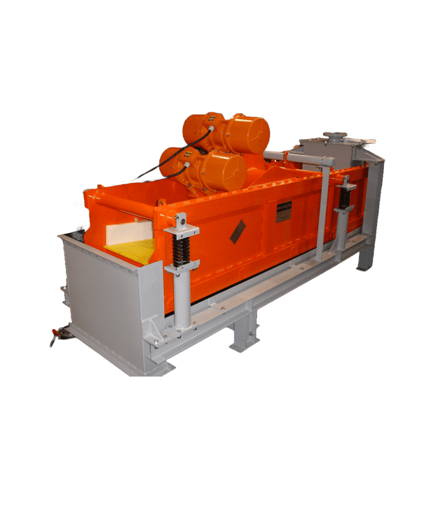 A large industrial vibrating screen machine with an orange top section and gray base. It features multiple motors mounted on top and is designed for material separation and sorting tasks. The machine rests on a sturdy metal frame.