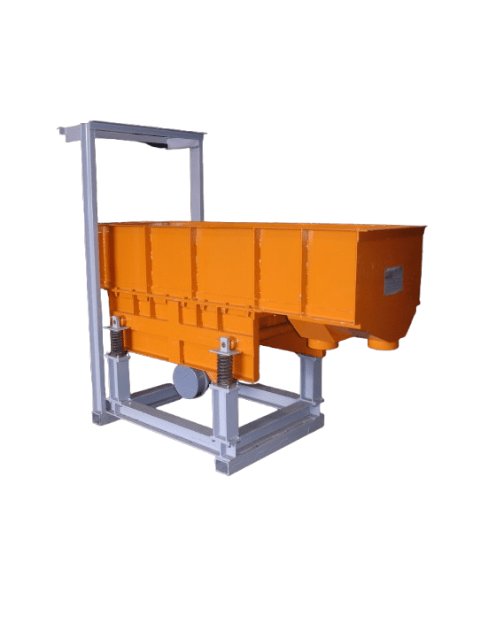 A large, orange industrial machine with a rectangular hopper on top and a sturdy metal frame. It features mechanisms for material processing or distribution, with pipes at the bottom for output. The background is plain white.