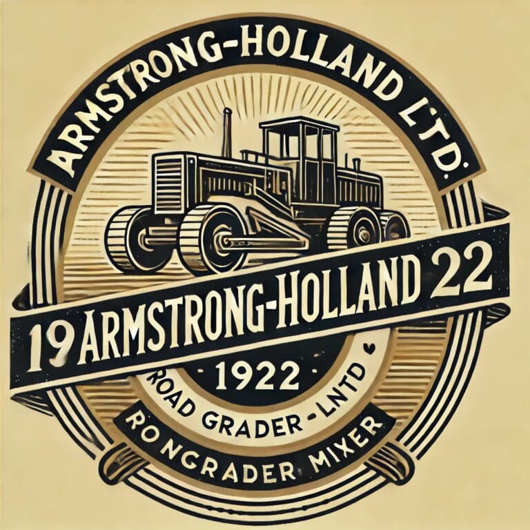 Vintage-style logo for Armstrong-Holland Ltd. featuring a road grader illustration. Text includes "1922," "Armstrong-Holland Ltd.," "Road Grader," and "Mixer." Circular design with bold lettering. .