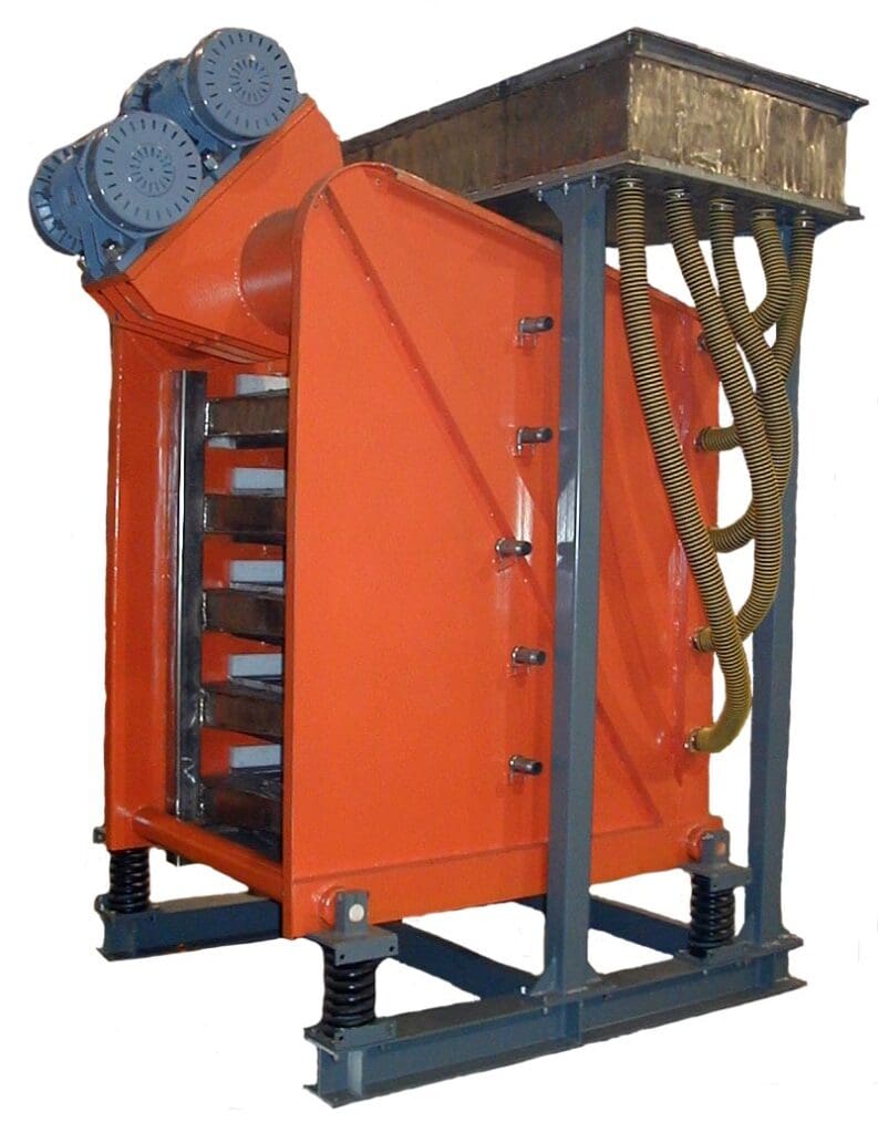 A large industrial orange vibrating screen machine with two motors on top and several metal screens inside. It is supported by a grey metal frame and connected to yellow cables.