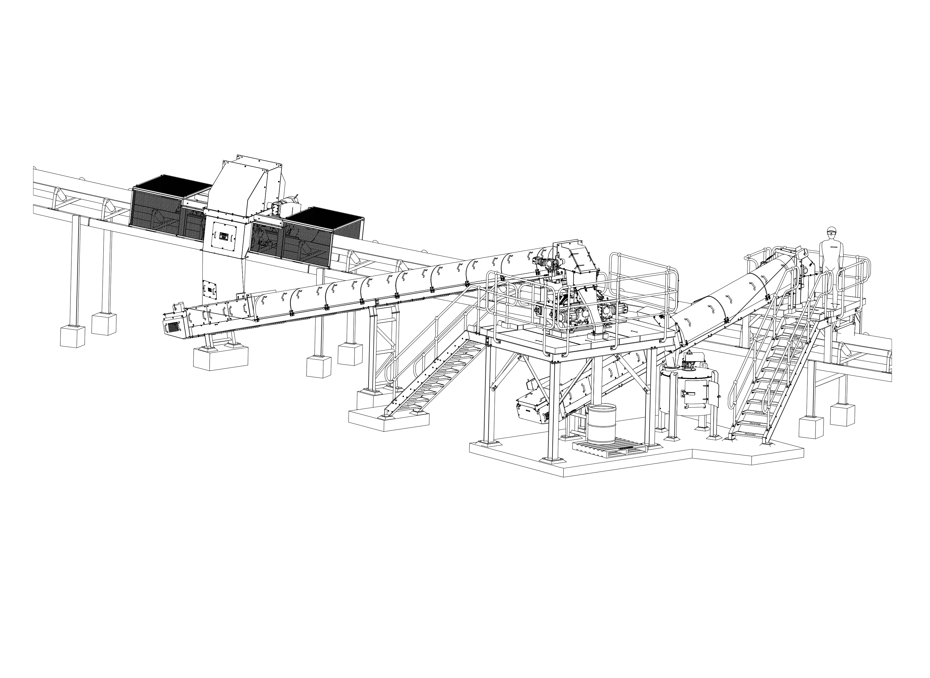 Technical drawing of an industrial conveyor system. The illustration shows conveyors, platforms, and machinery arranged on a structure with steps and supports. The design indicates a manufacturing or processing setup.