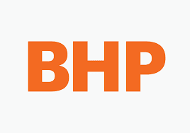 The image shows the BHP logo with large orange letters "BHP" on a light gray background.