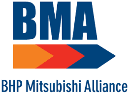 Logo of BHP Mitsubishi Alliance with "BMA" in large blue letters above an orange and red arrow. "BHP Mitsubishi Alliance" is written below in smaller blue text.